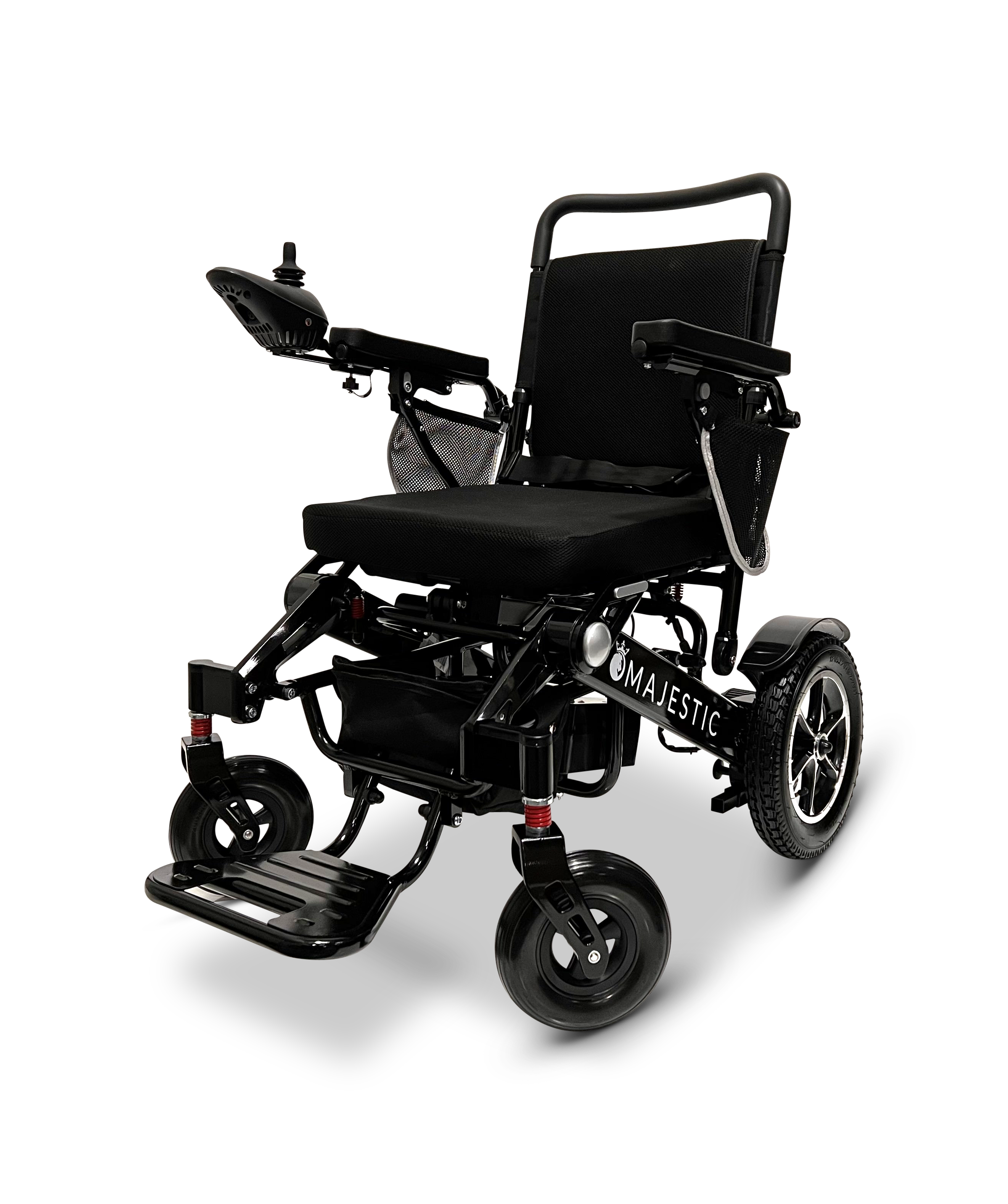 The MAJESTIC IQ-7000 Remote Controlled Electric Wheelchair is a sleek black model featuring an intelligent joystick on the armrest and a cushioned seat and backrest. This lightweight design is complemented by large rear wheels and smaller front wheels for easy maneuverability.
